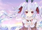  :&gt; blue_hair blush chico152 coat cupping_hands gradient_hair hair_ornament hair_ribbon lavender_hair long_hair long_sleeves looking_at_viewer multicolored_hair open_clothes open_coat original plaid plaid_ribbon pom_pom_(clothes) red_eyes ribbon scarf snow_bunny solo twintails upper_body very_long_hair wind 