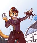  2015 angry anthro blue_eyes cheetah clothing duo eye_contact feline female furgonomics handcuffs hat knife larger_female male mammal micro open_mouth police police_car radio rat rodent shackles size_difference smaller_male tirrel uniform 