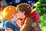  armin_arlert blonde_hair blue_eyes blush brown_hair eren_yeager kiss male_focus moxue_qianxi multiple_boys one_eye_closed scarf shingeki_no_kyojin smile yaoi 