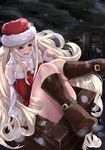  blonde_hair boots chimney christmas hat highres kuchibue_(tanima_club) long_hair original purple_eyes santa_costume santa_hat solo stuck very_long_hair 