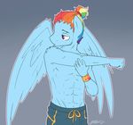  2015 abs anthro anthrofied clothing crossgender equine friendship_is_magic hair male mammal multicolored_hair muscular my_little_pony nolycs pegasus purple_eyes rainbow_dash_(mlp) rainbow_hair shorts solo stretching sweatband wings 