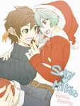  2boys brown_hair carrying christmas cookie crossdressing earrings feather_earrings food green_eyes hat jewelry male_focus mikleo_(tales) multiple_boys nun_0312 off_shoulder princess_carry purple_eyes ring santa_hat short_hair smile sorey_(tales) sweater tales_of_(series) tales_of_zestiria thighhighs wedding_ring white_hair yaoi 