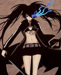  belt black_bikini_top black_hair black_rock_shooter black_rock_shooter_(character) black_shorts blue_eyes burning_eye firebate front-tie_bikini front-tie_top highres holding holding_sword holding_weapon long_hair shorts solo sword twintails weapon 