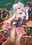  animal_ears bow bowtie brown_eyes bunny_ears bunny_tail bunnysuit card detached_collar half_updo kojiro_d long_hair original pantyhose playing_card poker_chip roulette silver_hair solo tail wrist_cuffs 