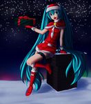  absurdres arm_support blue_bow blue_eyes blue_hair boots bow brick building capelet chimney christmas fur_trim gift glove_bow gloves hair_between_eyes hat hatsune_miku head_tilt highres house huge_filesize knee_boots leg_garter leg_up long_hair looking_at_viewer necktie night night_sky pinkisch pocket pom_pom_(clothes) red_footwear red_gloves red_ribbon ribbon rooftop santa_boots santa_costume santa_hat sky snow snowflakes solo standing teeth twintails very_long_hair vocaloid white_neckwear 