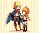 :&gt; ahoge armin_arlert armin_arlert_(cosplay) blonde_hair blue_eyes boots cape character_name child color_connection cosplay costume_switch crossover full_body hair_color_connection halloween_to_yoru_no_monogatari lennard_livermore lennard_livermore_(cosplay) look-alike male_focus moxue_qianxi multiple_boys paradis_military_uniform ribbon shingeki_no_kyojin sound_horizon suspenders trait_connection younger 
