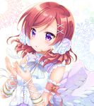  angel_wings arm_ribbon armband blush bow center_frills feathers flower frills hair_flower hair_ornament hairpin headset love_live! love_live!_school_idol_project nishikino_maki purple_eyes red_hair ribbon sakurai_makoto_(custom_size) short_hair solo wings 