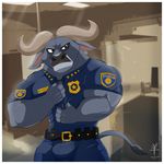  aaron_(artist) anthro bovine buffalo bulge chief_bogo clothing disney male mammal muscular police_uniform solo uniform zootopia 