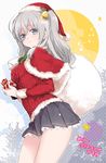  1girl aran_sweater argyle bag bangs bell blush bow bowtie capelet carrying_over_shoulder christmas christmas_ornaments closed_mouth cowboy_shot fur_trim green_bow green_neckwear grey_eyes grey_hair grey_skirt hair_bell hair_ornament hat highres holding holly kantai_collection kashima_(kantai_collection) long_hair long_sleeves merry_christmas miniskirt pleated_skirt polka_dot polka_dot_background red_capelet red_hat sack santa_costume santa_hat sino_(sionori) sketch skirt smile solo striped striped_bow sweater two_side_up 