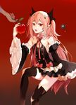  absurdres apple arukanu bare_shoulders bat black_dress black_footwear black_legwear boots detached_sleeves dolce_(2455485736) dress fang food fruit highres krul_tepes long_hair looking_at_viewer owari_no_seraph pink_hair pointy_ears red_eyes ribbon solo thigh_boots thighhighs two_side_up vampire very_long_hair 