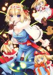  alice_margatroid antlers apron bag blonde_hair blue_dress blue_eyes bow box breasts brown_gloves brown_legwear capelet cleavage cleavage_cutout cookie dress finger_to_mouth food funnyfunny gift gift_box gloves hair_bow hairband long_hair looking_at_viewer marker medium_breasts red_dress reindeer_antlers santa_costume shanghai_doll shushing slit smile thighhighs touhou traditional_media waist_apron zettai_ryouiki 