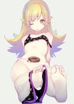 barefoot between_toes blonde_hair blush_stickers breasts convenient_leg doughnut eating feet food foot_hold foreshortening grey_background groin hip_bones long_hair monogatari_(series) nilitsu off_shoulder one_eye_closed oshino_shinobu panties panties_around_one_leg parted_lips pov_feet simple_background sitting small_breasts soles solo toes underboob underwear underwear_only wiggling_toes yellow_eyes 