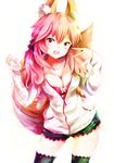  animal_ears black_legwear bra breasts cleavage fang fate/extra fate_(series) fox_ears fox_tail hair_ribbon highres large_breasts long_hair looking_at_viewer mayonaka_taruho open_mouth pink_bra pink_hair ribbon solo tail tamamo_(fate)_(all) tamamo_no_mae_(fate) thighhighs twintails underwear v yellow_eyes 