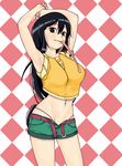  armpits arms_up asui_tsuyu black_eyes black_hair blush boku_no_hero_academia breasts checkered checkered_background cowboy_shot crop_top frog_girl highleg highleg_panties impossible_clothes impossible_shirt large_breasts long_hair long_tongue looking_at_viewer monster_girl navel no_pupils open_fly panties shirt short_shorts shorts sleeves_pushed_up solo standing thong tongue tongue_out ttrop underwear unzipped 