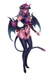  breasts cleavage collar demon_girl demon_horns demon_tail demon_wings full_body horns large_breasts long_hair looking_at_viewer newface penis_tail pink_eyes pointy_ears purple_hair smile solo tail transparent_background wings 