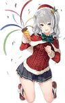  banned_artist christmas hair_ornament kantai_collection kashima_(kantai_collection) looking_at_viewer official_art party_popper paseri pleated_skirt ribbon santa_costume silver_hair skirt smile solo transparent_background twintails wavy_hair 