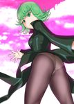  ahoge ass bangs black_dress closed_mouth crotch_seam dress dress_lift flat_ass flipped_hair from_behind from_below frown green_eyes green_hair long_sleeves looking_at_viewer one-punch_man panties panties_under_pantyhose pantyhose short_hair solo spread_fingers tatsumaki ueyama_michirou underwear upskirt 