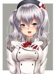  :3 beret blue_eyes blush breasts epaulettes gloves hat kantai_collection kashima_(kantai_collection) keita_(tundereyuina) large_breasts long_hair looking_at_viewer military military_uniform open_mouth sidelocks silver_hair smile solo twintails uniform wavy_hair white_gloves 