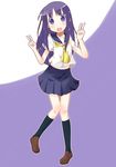  commentary_request highres hinata_yukari long_hair miiyon open_mouth pleated_skirt purple_hair school_uniform school_uniform_(yuyushiki) serafuku skirt solo v yuyushiki 