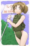  absurdres bare_shoulders blush dead_people highres holding holding_sign light_brown_hair long_hair minabe_tetsumi naked_plate_carrier original placard plate_carrier ponytail sign solo sweatdrop tears translated wavy_mouth yellow_eyes 