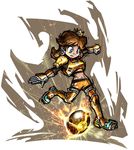  armor ball blue_eyes breastplate brown_hair cleats clenched_hand crown earrings electricity energy flipped_hair flower_earrings gauntlets greaves jewelry long_hair mario_(series) mario_strikers_charged masanori_sato midriff navel official_art outstretched_arm pauldrons princess_daisy shorts soccer solo super_mario_bros. 