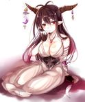  bandaged_arm bandages black_gloves black_hair breasts cleavage corset danua draph dress fingerless_gloves gloves granblue_fantasy horn_ornament horns jewelry large_breasts long_hair necklace paragasu_(parags112) pendant pointy_ears red_eyes sitting solo very_long_hair white_dress 