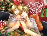  1girl 2015 alternate_costume bangs bell blanket blonde_hair bow box checkered christmas christmas_ornaments christmas_sweater christmas_tree collarbone doll gift gift_box gloves hair_ornament hair_ribbon hairclip highres holding holding_gift indoors kagamine_len kagamine_rin leaning_on_person long_sleeves merry_christmas nutcracker out_of_frame parted_lips pillow red_bow red_gloves red_ribbon ribbon santa_costume short_hair sitting sleeping sleeves_past_wrists suzaku_aruma_(alma-n) sweater swept_bangs turtleneck v-neck vocaloid 