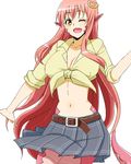  :d breasts cleavage cowboy_shot fang hair_ornament hairclip huge_breasts lamia long_hair midriff miia_(monster_musume) monster_girl monster_musume_no_iru_nichijou navel one_eye_closed open_mouth pointy_ears red_hair scales shirt simple_background skirt slit_pupils smile solo tied_shirt very_long_hair white_background ya2268 yellow_eyes 