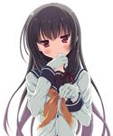  blush brown_hair buttons frown gloves hair_ribbon hand_to_own_mouth head_tilt isokaze_(kantai_collection) jewelry kantai_collection long_hair long_sleeves neckerchief odawara_hakone red_eyes red_ribbon ribbon ring shirt simple_background solo sweatdrop upper_body very_long_hair white_background white_gloves white_shirt yellow_ribbon 