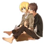  armin_arlert barefoot blonde_hair blue_eyes blush book brown_hair eren_yeager full_body hug hug_from_behind komiya_harumoto male_focus multiple_boys shingeki_no_kyojin shirt 