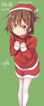  brown_eyes brown_hair clenched_hands folded_ponytail gurande_(g-size) hands_on_own_chest hat highres inazuma_(kantai_collection) kantai_collection long_hair pantyhose santa_hat smile solo sweater 