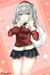  aran_sweater blue_eyes blush breasts christmas hat highres kantai_collection kashima_(kantai_collection) kouno_(uiyoyo199) long_hair looking_at_viewer medium_breasts merry_christmas miniskirt sack santa_hat signature silver_hair skirt solo sweater twintails twitter_username wavy_hair 