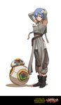  armpits arms_behind_head arms_up ayanami_rei bandages bb-8 blue_hair commentary copyright_name cosplay crossover eva_00 highres logo namesake neon_genesis_evangelion one_eye_covered pun red_eyes rey_(star_wars) rey_(star_wars)_(cosplay) short_hair solo star_wars star_wars:_the_force_awakens sunkist 