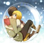  armin_arlert blonde_hair blue_eyes blush book boots brown_hair bubble dated full_body hug in_bubble male_focus moxue_qianxi multiple_boys shingeki_no_kyojin sleeping zzz 