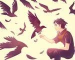  bird black_eyes black_hair feathers flock forehead_protector male_focus naruto naruto_(series) naruto_shippuuden raven_(animal) simple_background sitting solo uchiha_shisui yellow_background yue_(tonhyuk51244) 