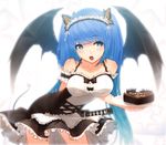  apron ariinine blue_eyes blue_hair blush breasts bug butterfly cake cleavage english food headdress heart highres insect long_hair maid medium_breasts original ribbon solo sword tail weapon wings 