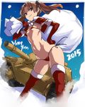  2015 ban bikini bow breasts brown_eyes brown_hair cape elbow_gloves girls_und_panzer gloves ground_vehicle hair_bow hand_on_hip highres jagdpanzer_38(t) kadotani_anzu micro_bikini military military_vehicle motor_vehicle navel red_bikini red_gloves red_legwear sack small_breasts smile snow solo swimsuit tank tank_destroyer thighhighs twintails 