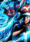  alternate_form bad_id bad_pixiv_id baseball_cap black_gloves black_hair blue_jacket dark fingerless_gloves gen_6_pokemon gloves glowing glowing_eyes greninja hat highres holding holding_poke_ball jacket long_tongue looking_at_viewer open_mouth poke_ball pokemon pokemon_(anime) pokemon_(creature) red_eyes satoshi-greninja satoshi_(pokemon) serious sharumon short_sleeves shuriken splashing tongue tongue_out upper_body water 