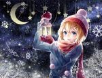  alternate_costume bangs bare_tree beanie blonde_hair blue_eyes blush buttons coat crescent glowing hair_between_eyes hair_ornament hairclip hat kagamine_rin lamp long_sleeves mittens night night_sky outdoors pom_pom_(clothes) red_scarf scarf short_hair sky smile snowflakes snowing solo star teka tree upper_body vocaloid 