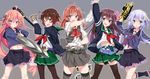  :3 :d :o ahoge arashi_(kantai_collection) arm_up armpit_peek belt blouse blue_eyes blush brown_eyes brown_hair brown_legwear bunny_hair_ornament check_commentary commentary_request crescent crescent_hair_ornament crescent_moon_pin gloves gradient_hair green_skirt grey_legwear gun hair_between_eyes hair_ornament hair_ribbon henshin_pose highres jacket kamen_rider kamen_rider_blade_(series) kamen_rider_fourze kamen_rider_fourze_(series) kamen_rider_kuuga_(series) kamen_rider_leangle kamen_rider_v3_(series) kantai_collection kerchief kisaragi_(kantai_collection) long_hair long_sleeves looking_at_viewer messy_hair mtu_(orewamuzituda) multicolored_hair multiple_girls mutsuki_(kantai_collection) namesake navel open_mouth pantyhose parody pink_hair pleated_skirt pose purple_eyes purple_hair red_hair remodel_(kantai_collection) ribbon rider_belt riderman school_uniform searchlight serafuku short_hair short_hair_with_long_locks simple_background skirt smile staff super_sentai thighband_pantyhose thighhighs uniform uzuki_(kantai_collection) v-shaped_eyebrows very_long_hair vest weapon white_gloves yayoi_(kantai_collection) zyuden_sentai_kyoryuger 