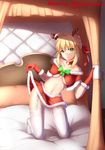  absurdres ahoge antlers artoria_pendragon_(all) bed blonde_hair breasts choker christmas fate/stay_night fate_(series) garter_straps gloves green_eyes highres long_legs looking_at_viewer medium_breasts merry_christmas red_gloves reindeer_antlers ribs saber santa_costume skirt skirt_lift solo thighhighs underboob violetsang 