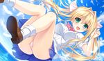  ameto_yuki ass blonde_hair blue_sky cloud day green_eyes hayama_umi kono_aozora_ni_yakusoku_wo long_hair panties school_uniform sky solo twintails underwear white_panties 