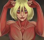  bad_id bad_pixiv_id blonde_hair blue_eyes clenched_hands exposed_muscle female_titan fighting_stance hair_between_eyes lips maou_alba shingeki_no_kyojin short_hair solo 