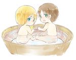  :&lt; armin_arlert ass basin bath bathing blush brown_hair chibi dated eren_yeager from_behind green_eyes male_focus moxue_qianxi multiple_boys nude open_mouth rubber_duck shingeki_no_kyojin water wet 