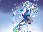  ;d amatsukiryoyu blue_hair blue_skirt blush boots coat fractal full_body gloves goggles goggles_on_head grin hatsune_miku highres hood ice long_hair one_eye_closed open_mouth pantyhose scarf simple_background ski_boots skirt smile snowboard snowboarding snowflake_print teeth twintails very_long_hair vocaloid white_footwear white_gloves winter_clothes winter_coat yuki_ga_tokeru_mae_ni_(vocaloid) yuki_miku yukine_(vocaloid) zipper 