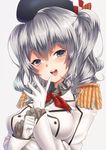  beret blue_eyes blush breasts epaulettes gloves hat kantai_collection kashima_(kantai_collection) keita_(tundereyuina) large_breasts long_hair looking_at_viewer military military_uniform open_mouth sidelocks silver_hair smile solo twintails uniform wavy_hair white_gloves 