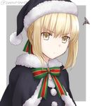  annoyed artoria_pendragon_(all) black_hat black_santa_costume blonde_hair fate/grand_order fate_(series) hat long_hair ribbon saber_alter santa_alter santa_costume santa_hat simple_background squiggle yellow_eyes zeroasann 