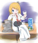  &gt;_&lt; ;d barefoot black_cat blonde_hair blue_eyes book_stack cat closed_eyes cup drinking_glass highres katsuo9 labcoat long_hair milk necktie nichijou nose_bubble one_eye_closed open_mouth professor_shinonome red_scarf sakamoto_(nichijou) scarf sitting sleeping smile wine_glass 