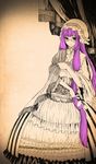  bespectacled crescent dress flower glasses hat kido_(choushouya) long_hair monochrome patchouli_knowledge purple_hair shawl solo spot_color touhou very_long_hair wide_sleeves 