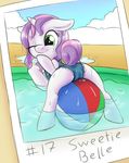  2015 beach_ball butt clothing colored cub english_text equine fearingfun female feral friendship_is_magic hair hi_res horn kitten-fluff mammal multicolored_hair my_little_pony one-piece_swimsuit one_eye_closed photo smile solo sweetie_belle_(mlp) swimsuit text two_tone_hair unicorn water wet young 